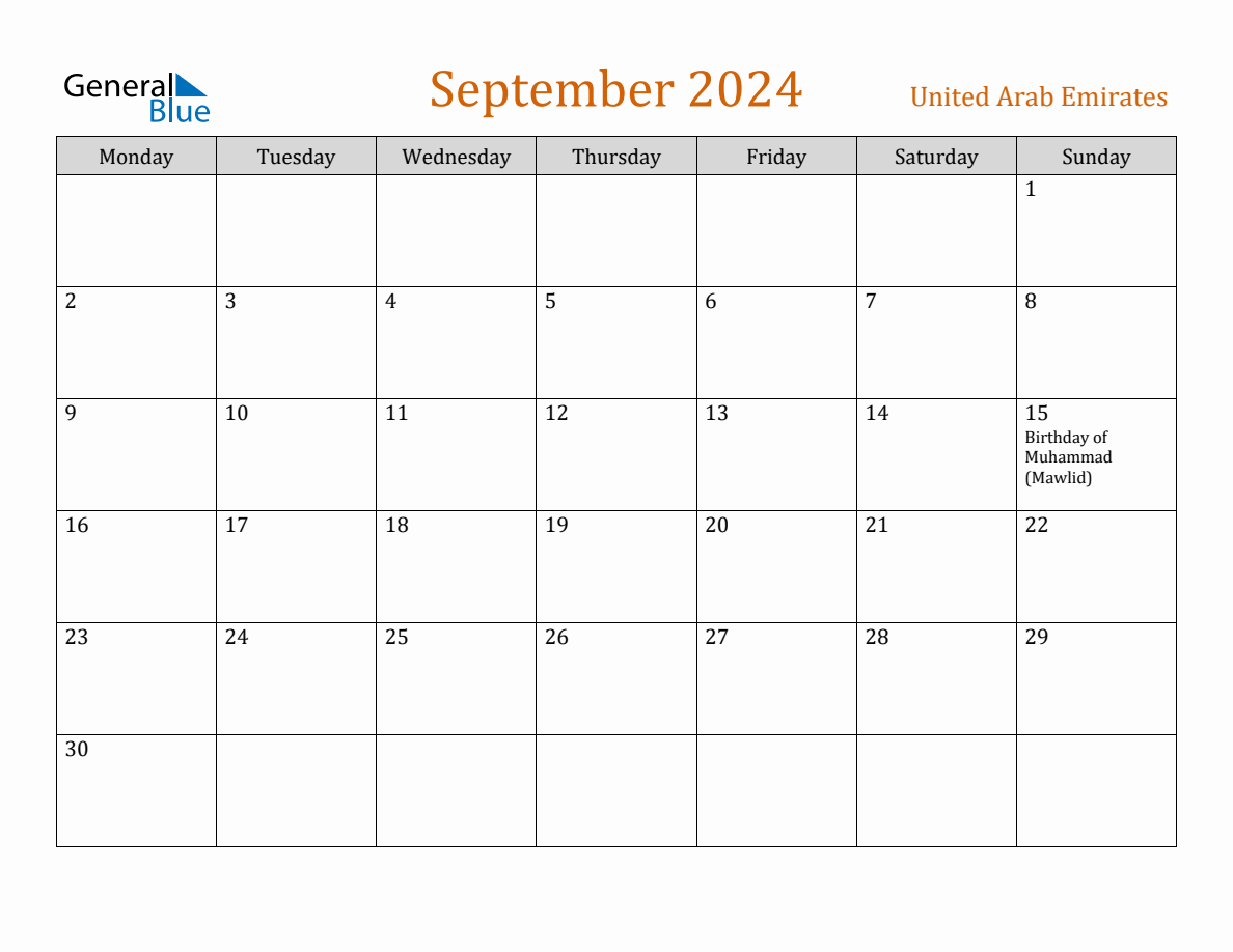 Free September 2024 United Arab Emirates Calendar