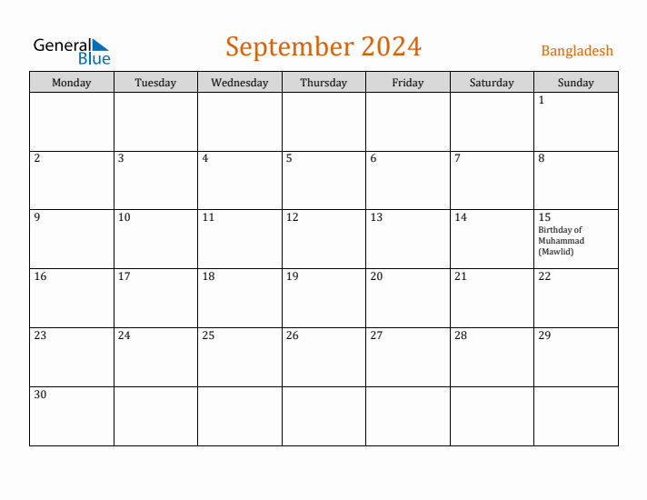 September 2024 Bangladesh Monthly Calendar with Holidays