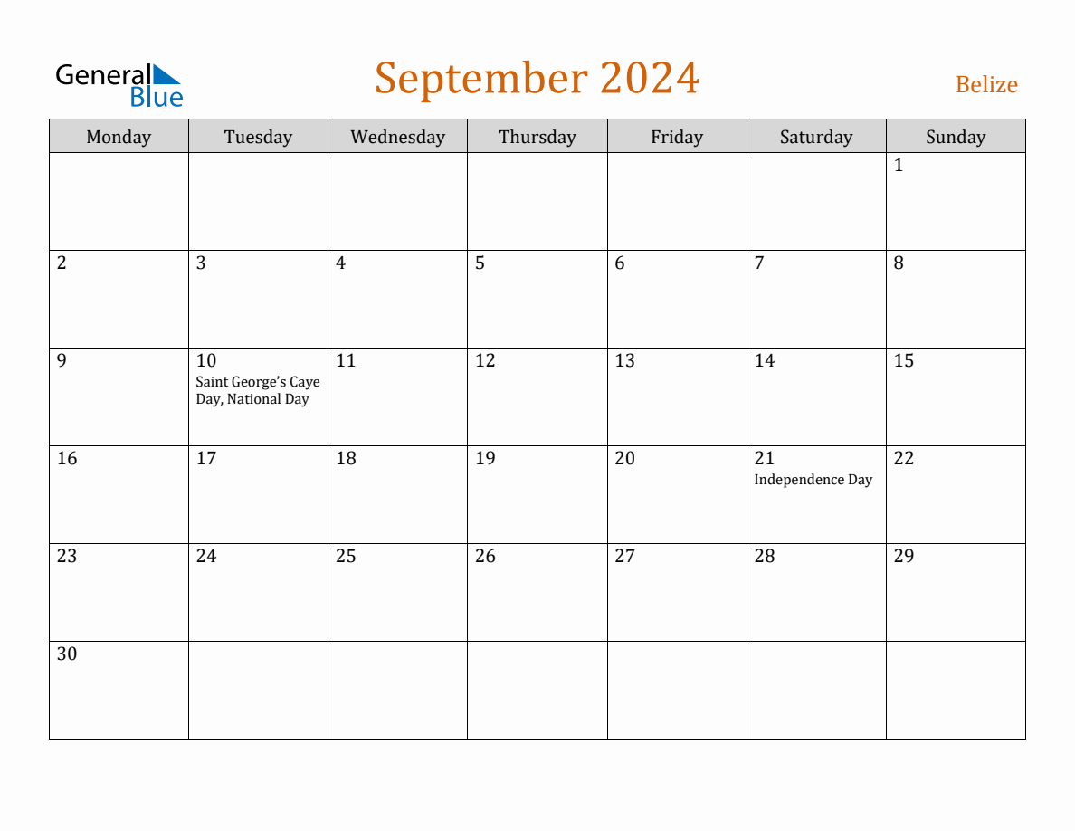 Free September 2024 Belize Calendar