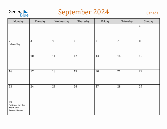 Free September 2024 Canada Calendar