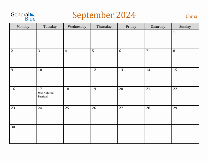 September 2024 Holiday Calendar with Monday Start