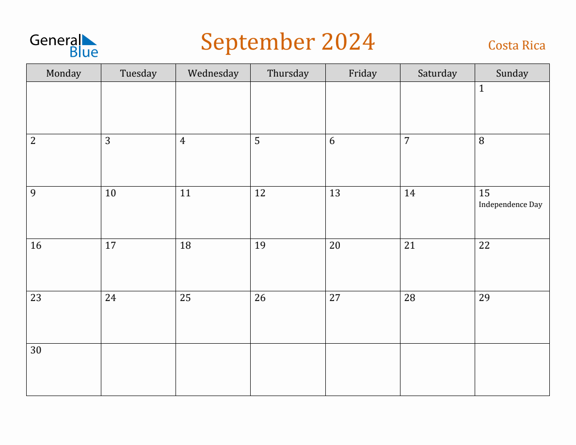 Free September 2024 Costa Rica Calendar