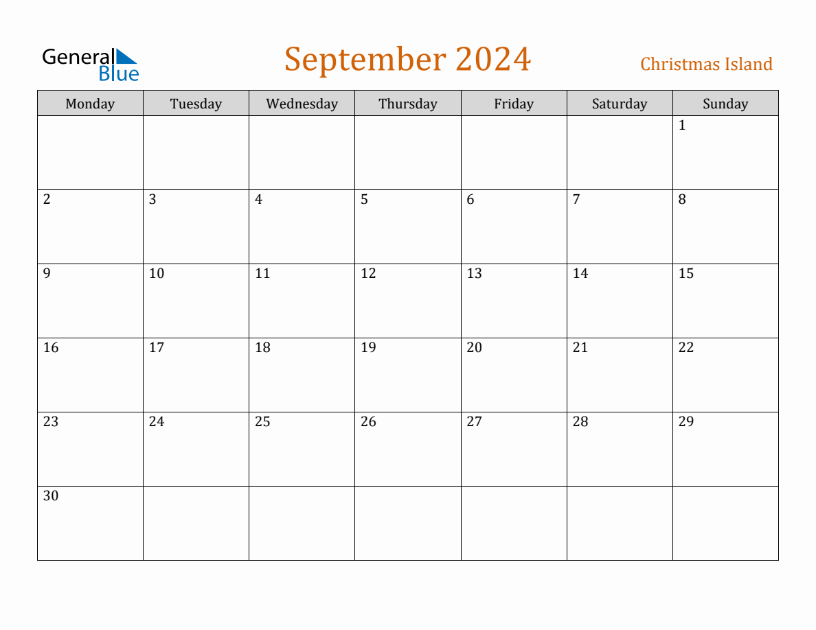 Free September 2024 Christmas Island Calendar