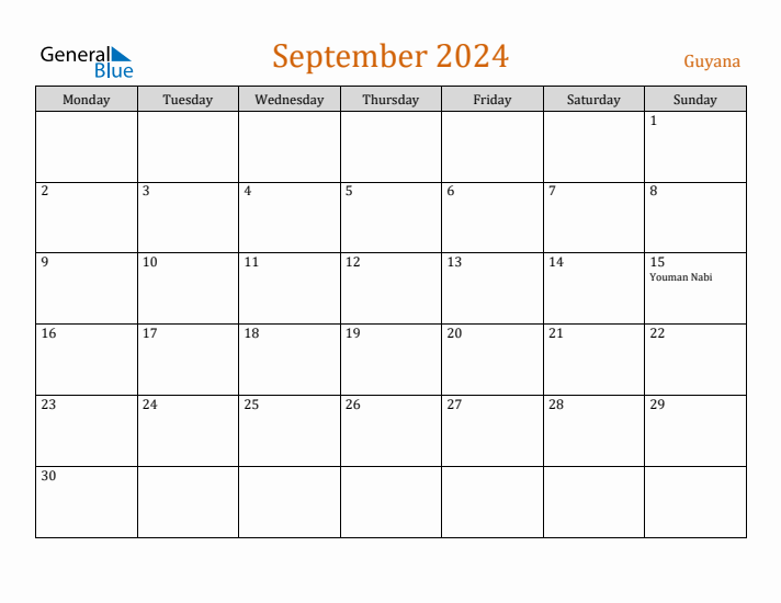 September 2024 Holiday Calendar with Monday Start
