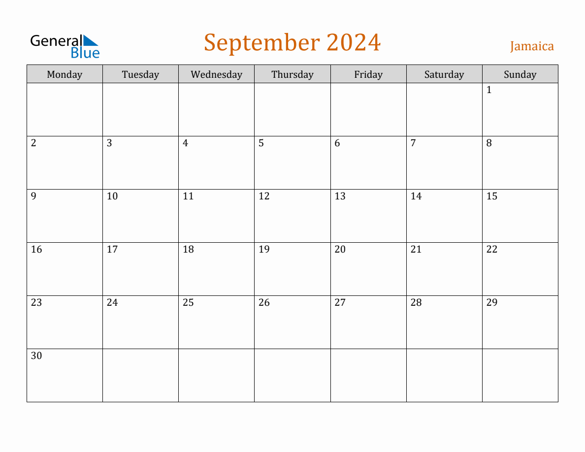 Free September 2024 Jamaica Calendar