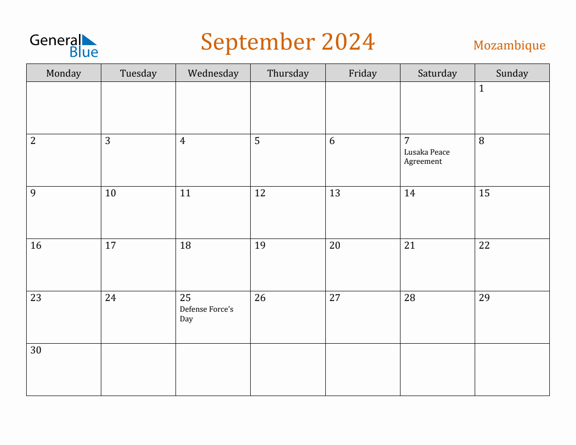 Free September 2024 Mozambique Calendar