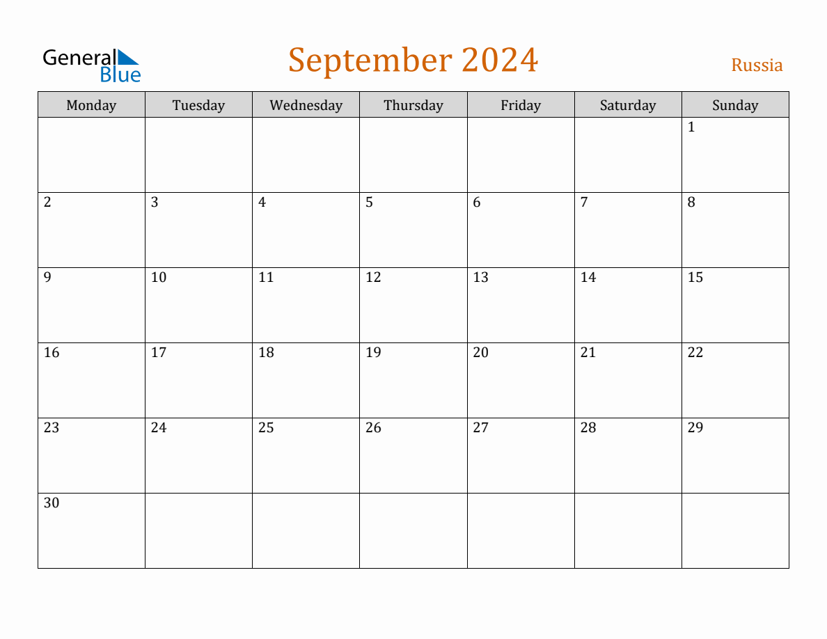 Free September 2024 Russia Calendar