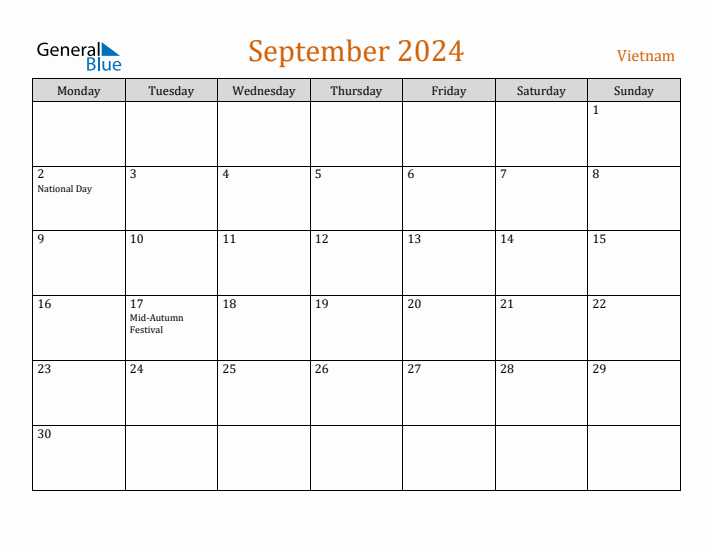 Free September 2024 Vietnam Calendar