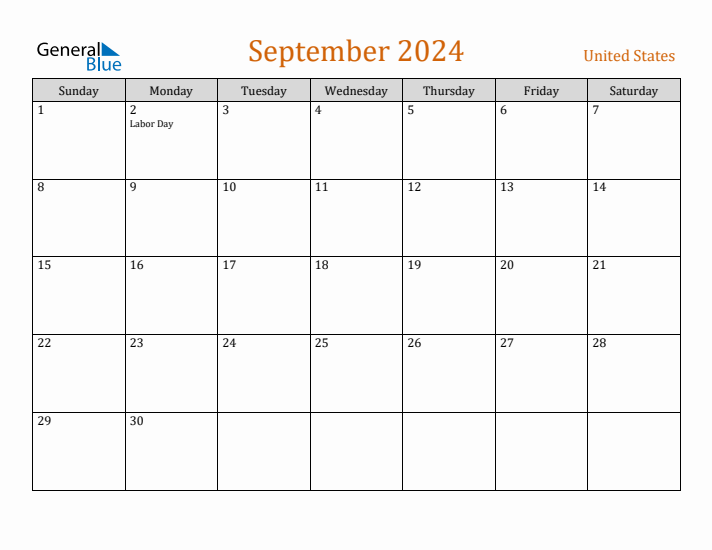 September 2024 Monthly Calendar with United States Holidays