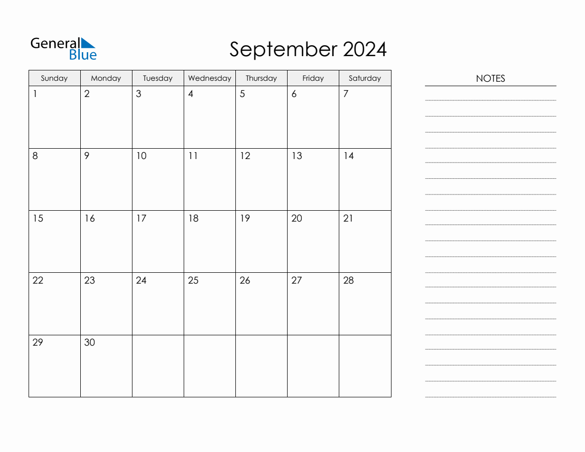 Printable Monthly Calendar with Notes September 2024