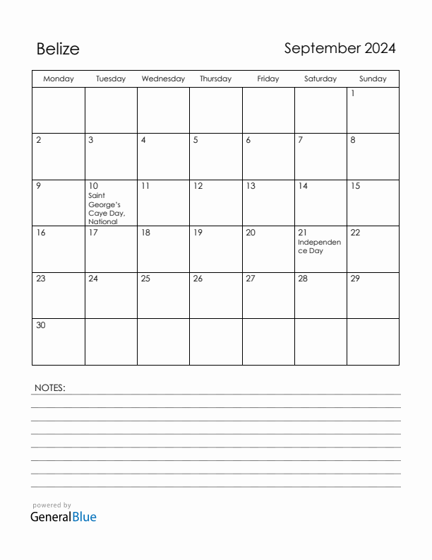 September 2024 Belize Calendar with Holidays (Monday Start)