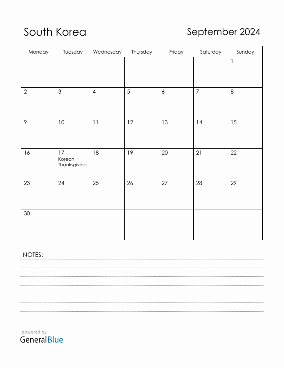 September 2024 South Korea Calendar with Holidays