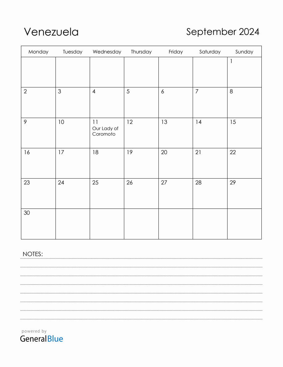 September 2024 Venezuela Calendar with Holidays