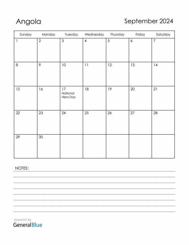 September 2024 Angola Calendar with Holidays (Sunday Start)