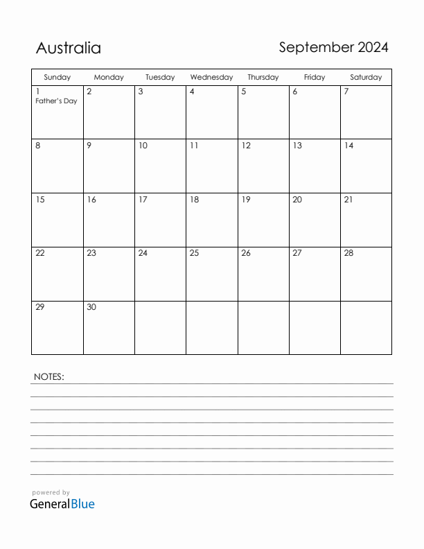 September 2024 Australia Calendar with Holidays (Sunday Start)