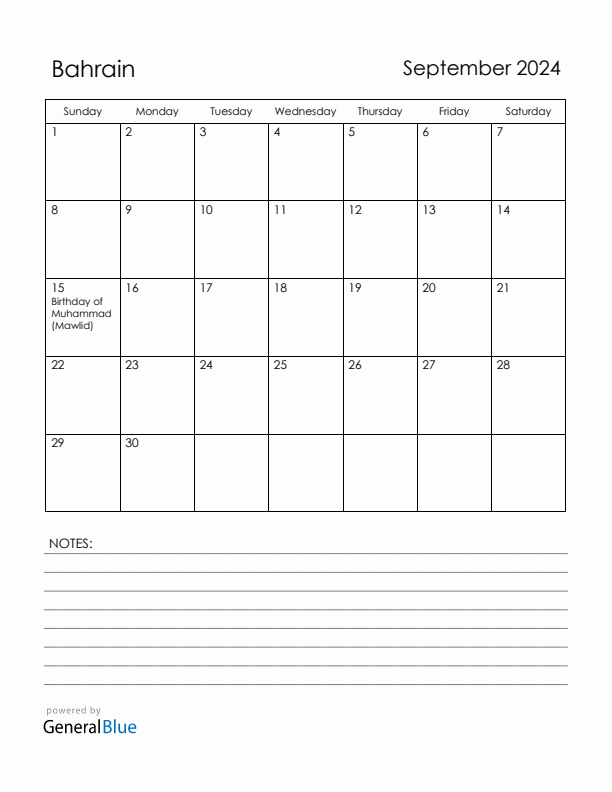 September 2024 Bahrain Calendar with Holidays (Sunday Start)