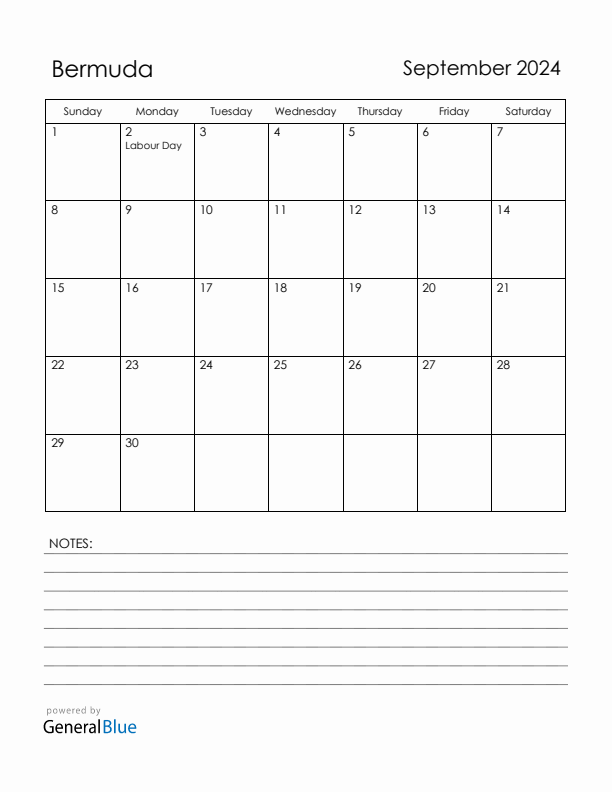September 2024 Bermuda Calendar with Holidays (Sunday Start)