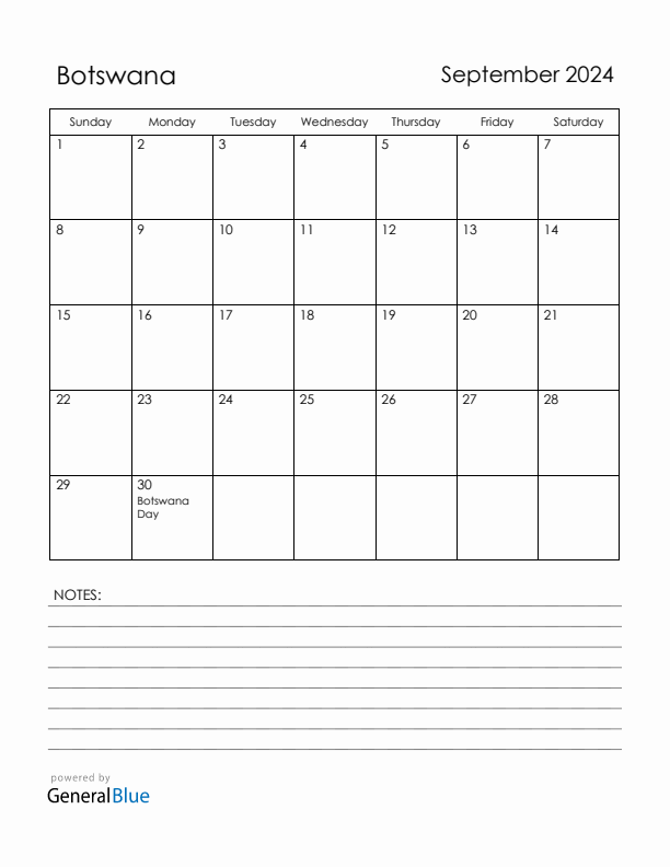 September 2024 Botswana Calendar with Holidays (Sunday Start)