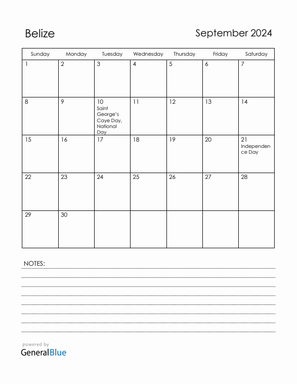 September 2024 Belize Calendar with Holidays (Sunday Start)
