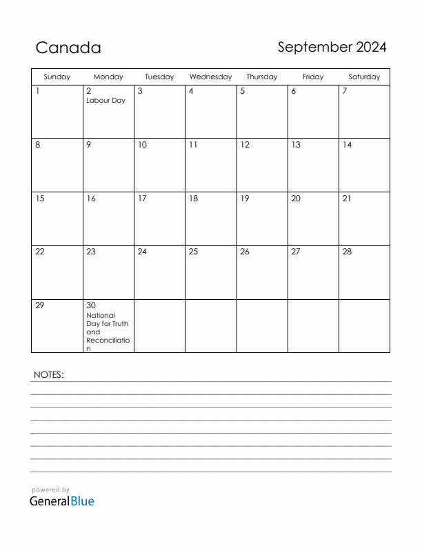 September 2024 Canada Calendar with Holidays (Sunday Start)