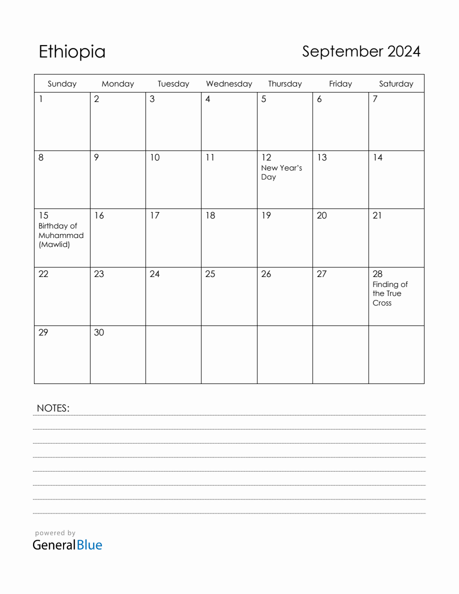 September 2024 Ethiopia Calendar with Holidays