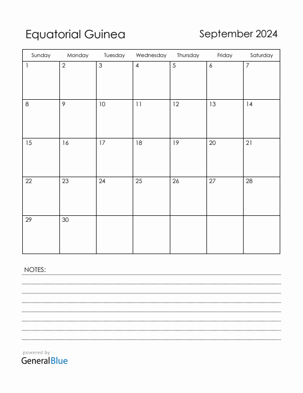 September 2024 Equatorial Guinea Calendar with Holidays (Sunday Start)