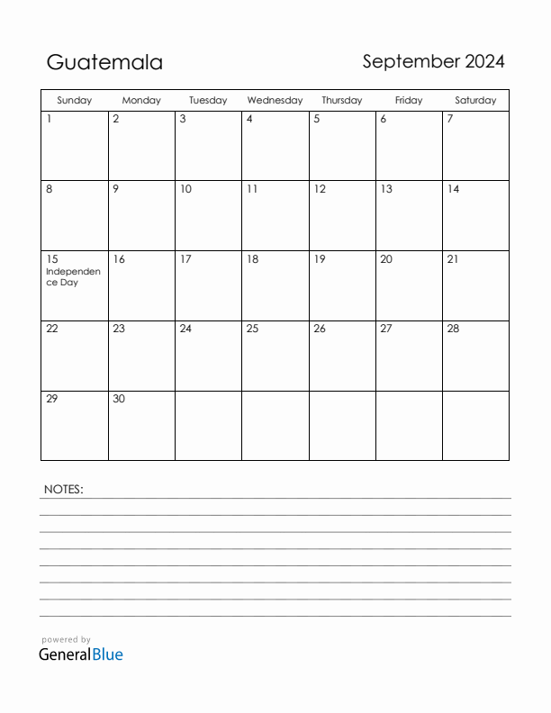 September 2024 Guatemala Calendar with Holidays (Sunday Start)