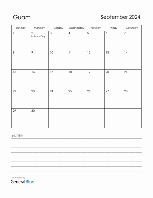 September 2024 Guam Calendar with Holidays (Sunday Start)
