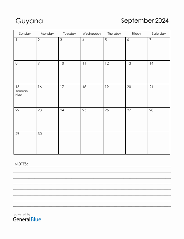 September 2024 Guyana Calendar with Holidays (Sunday Start)