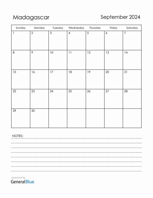 September 2024 Madagascar Calendar with Holidays (Sunday Start)