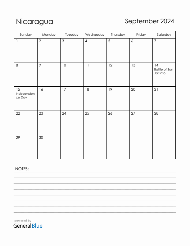 September 2024 Nicaragua Calendar with Holidays (Sunday Start)