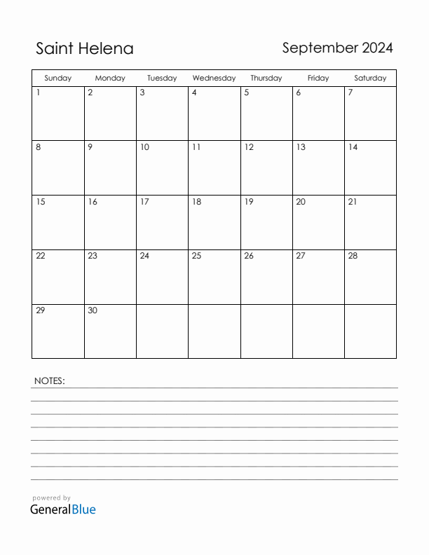 September 2024 Saint Helena Calendar with Holidays (Sunday Start)