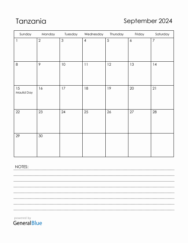 September 2024 Tanzania Calendar with Holidays (Sunday Start)
