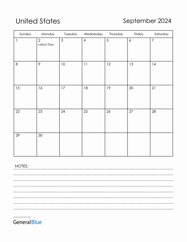 September 2024 United States Calendar with Holidays (Sunday Start)