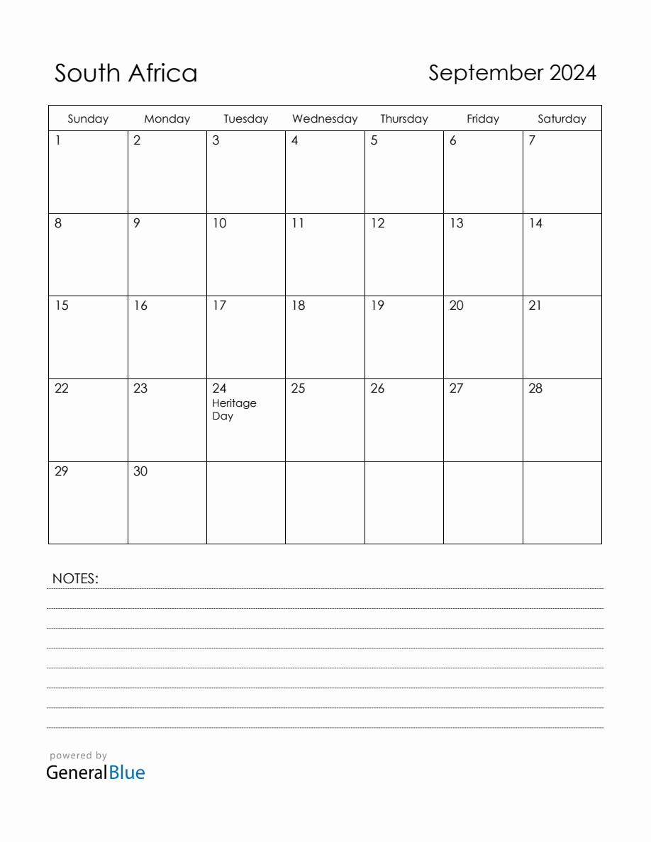 September 2024 South Africa Calendar with Holidays