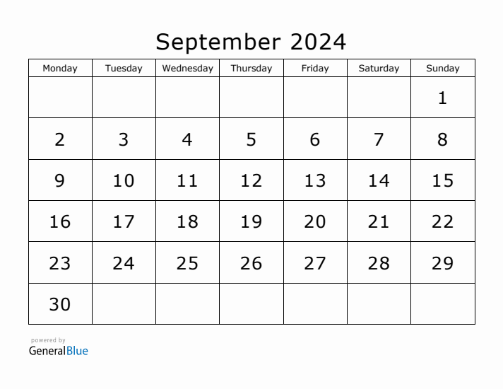Printable September 2024 Calendar - Monday Start