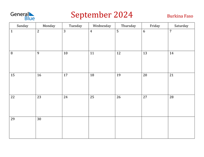 Burkina Faso September 2024 Calendar with Holidays