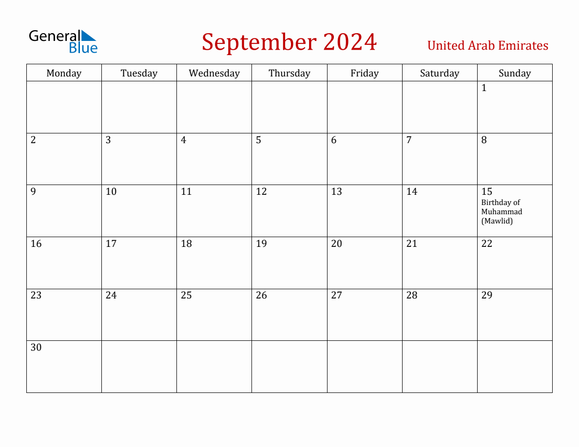 September 2024 United Arab Emirates Monthly Calendar with Holidays