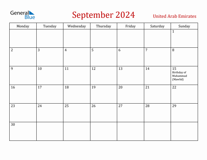 United Arab Emirates September 2024 Calendar - Monday Start