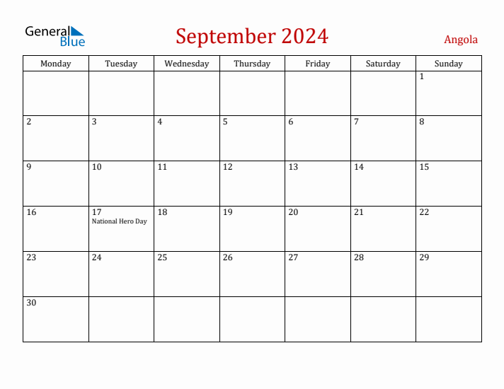 Angola September 2024 Calendar - Monday Start