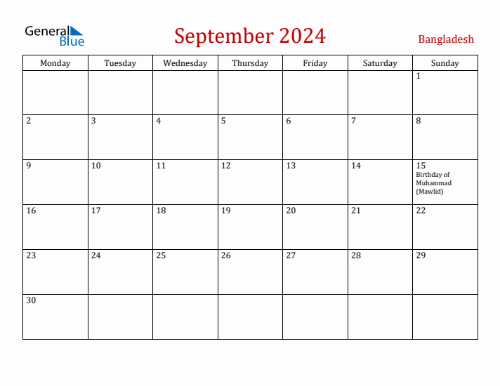 Bangladesh September 2024 Calendar - Monday Start