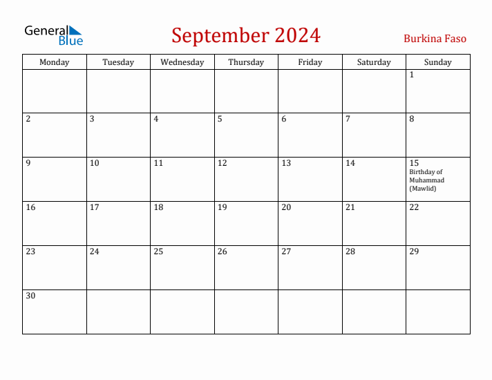 Burkina Faso September 2024 Calendar - Monday Start