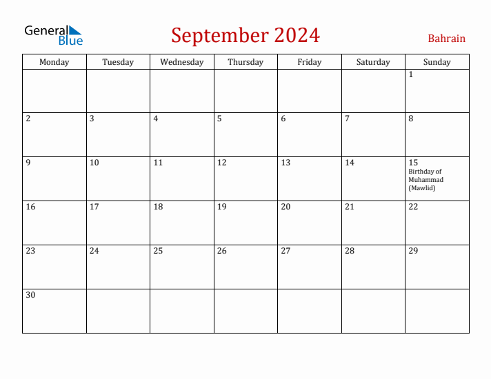 Bahrain September 2024 Calendar - Monday Start