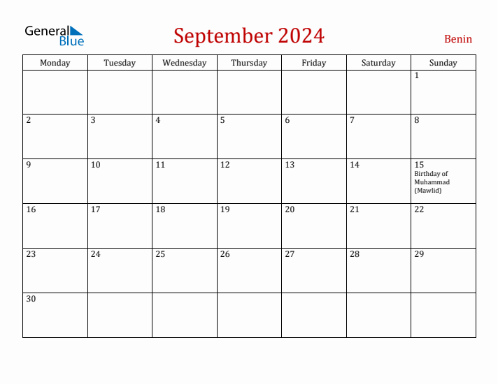 Benin September 2024 Calendar - Monday Start