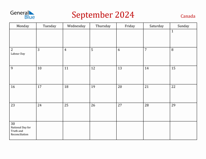 September 2024 Canada Monthly Calendar with Holidays