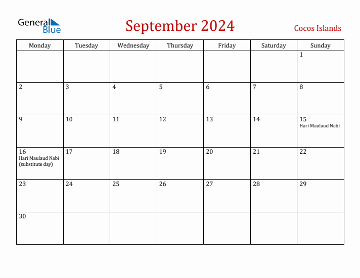 Cocos Islands September 2024 Calendar - Monday Start