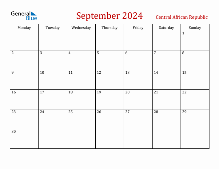 Central African Republic September 2024 Calendar - Monday Start