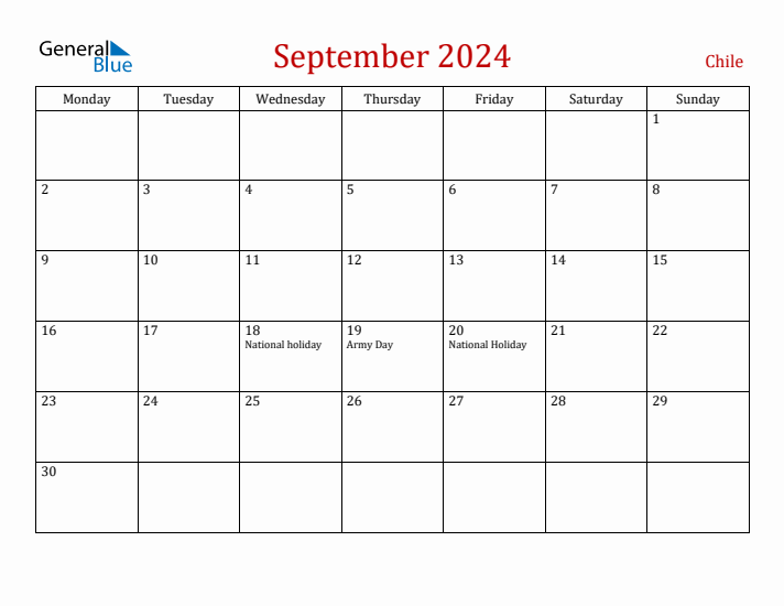 Chile September 2024 Calendar - Monday Start