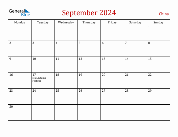 China September 2024 Calendar - Monday Start