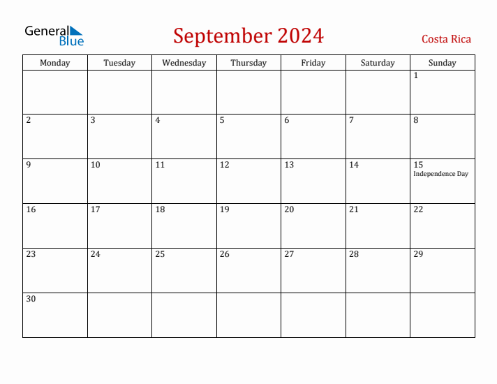 Costa Rica September 2024 Calendar - Monday Start